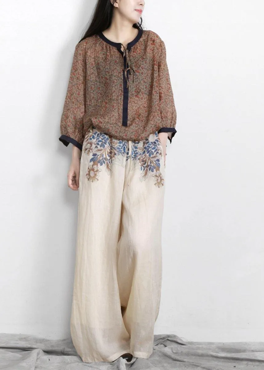 Chic Nude Print Elastic Waist Linen Pants
