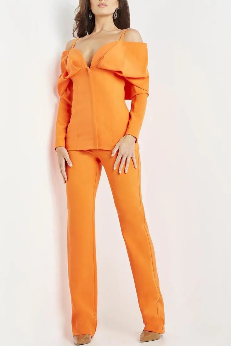 Jovani cold shoulder long sleeve solid scuba crepe evening pantsuit